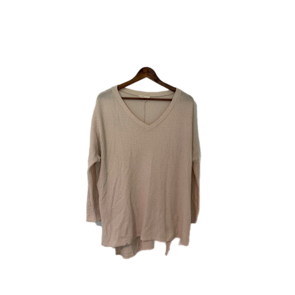 Perfect Peach Waffle Knit Top Womens Medium Beige Excellent V-Neck Thermal Slit